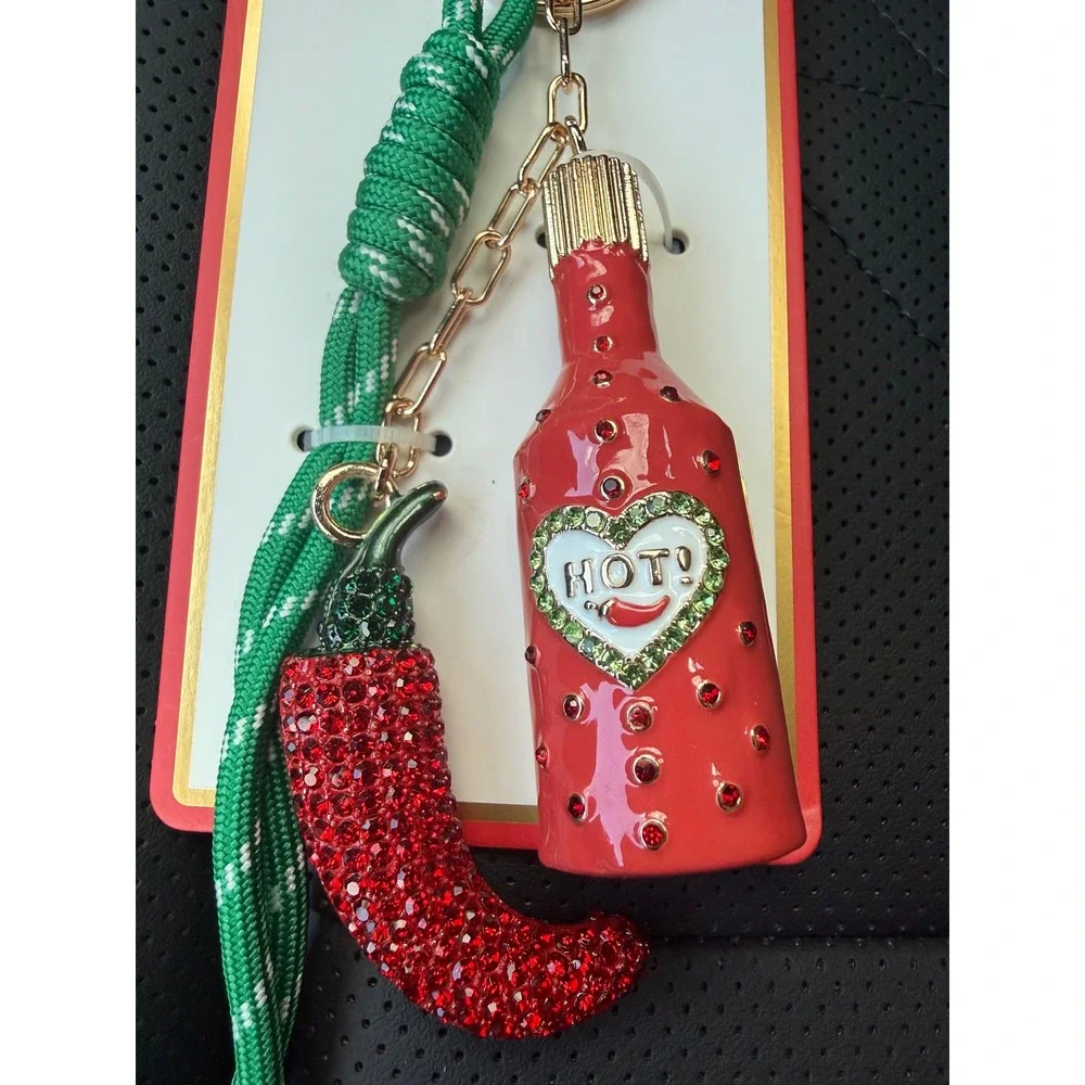 Piper K Hot Sauce Chili Pepper‎ Bag Charm Keychain Glass Stone Red Green NEW